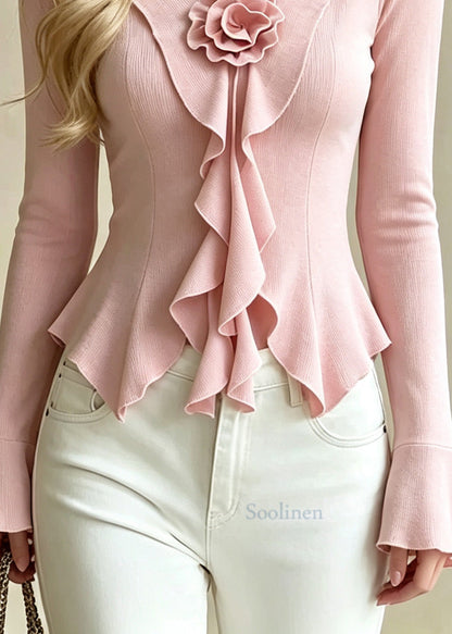 Silm Fit Pink Ruffled Floral Cotton Shirt Summer