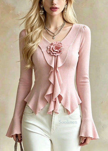 Silm Fit Pink Ruffled Floral Cotton Shirt Summer