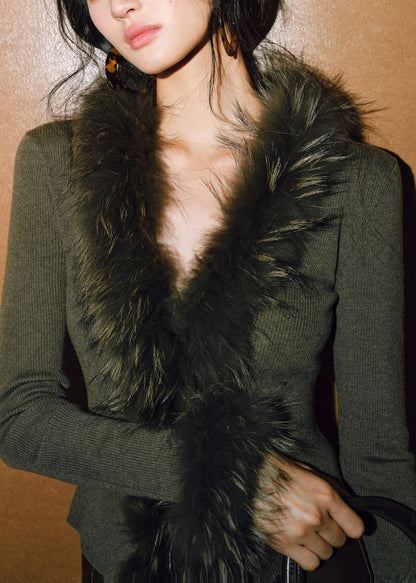 Top de punto de piel de zorro con cuello en V verde té ajustado y patchwork para invierno