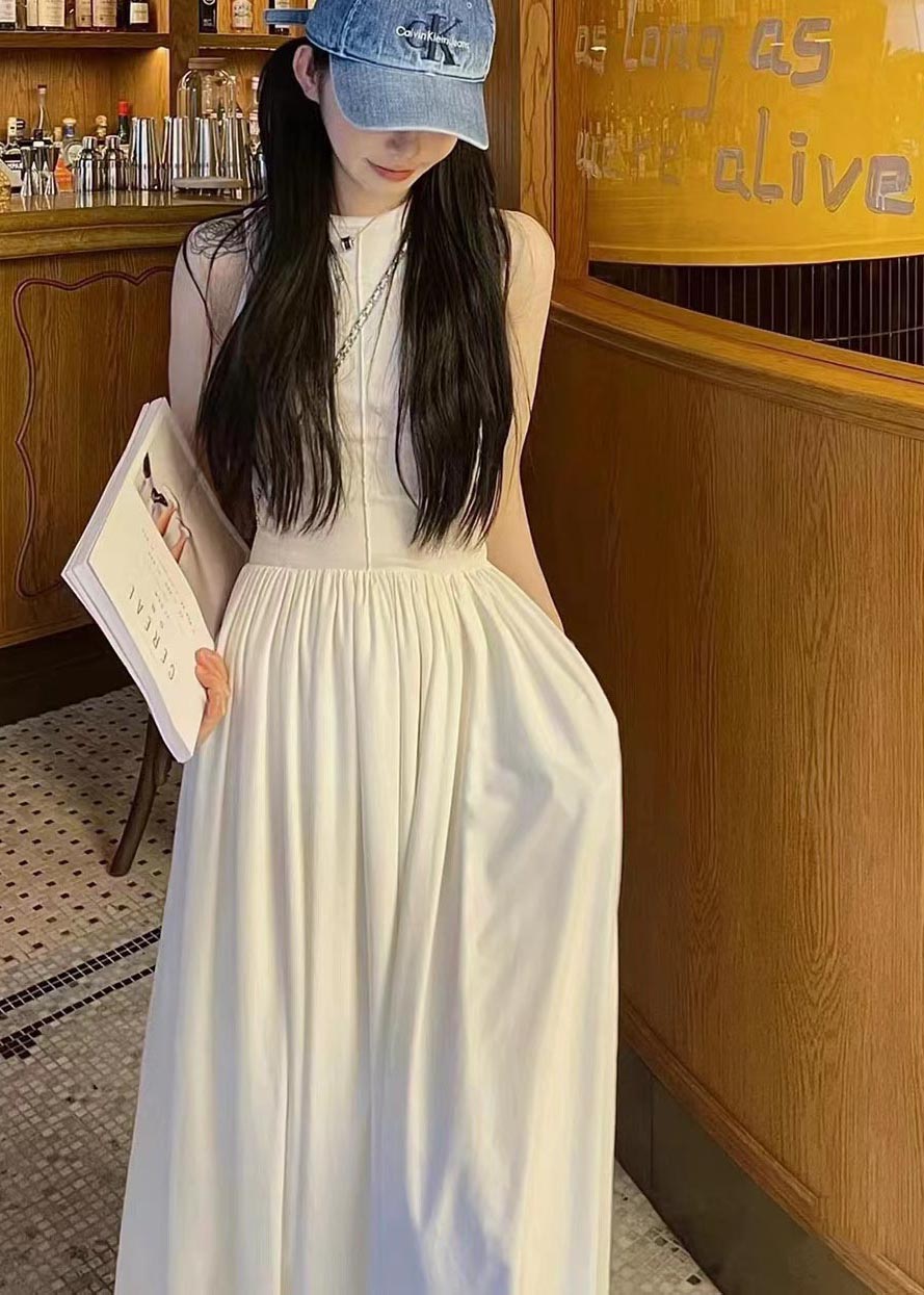 Silm Fit White Exra Large Hem Cotton Long Dress Sleeveless