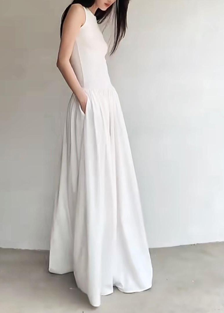 Silm Fit White Exra Large Hem Cotton Long Dress Sleeveless