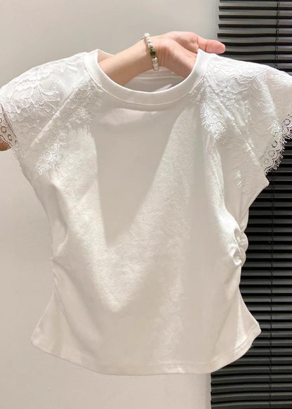 Silm Fit White Lace Patchwork Wrinkled Cotton Tanks Summer