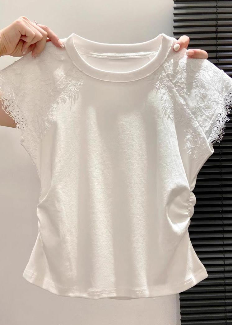 Silm Fit White Lace Patchwork Wrinkled Cotton Tanks Summer