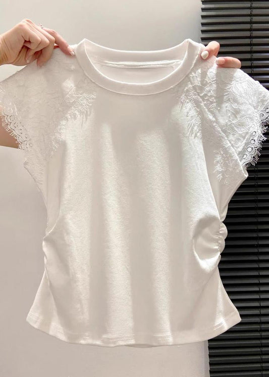 Silm Fit White Lace Patchwork Wrinkled Cotton Tanks Summer