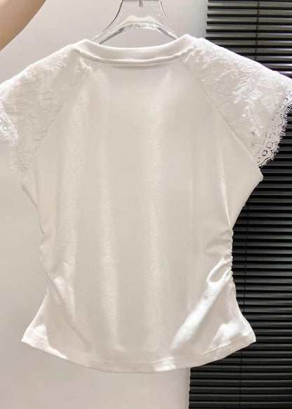 Silm Fit White Lace Patchwork Wrinkled Cotton Tanks Summer