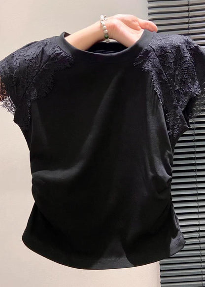 Silm Fit White Lace Patchwork Wrinkled Cotton Tanks Summer