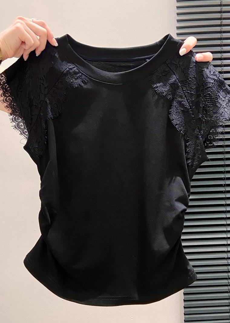 Silm Fit White Lace Patchwork Wrinkled Cotton Tanks Summer