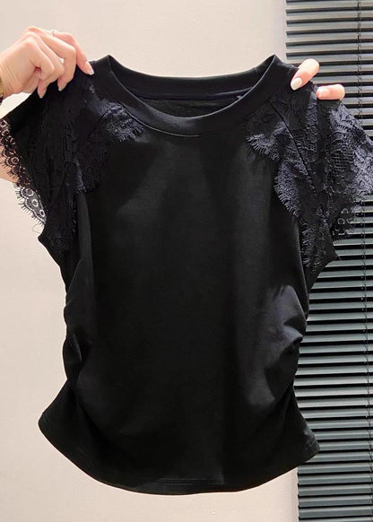 Silm Fit White Lace Patchwork Wrinkled Cotton Tanks Summer