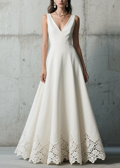 Silm Fit White Patchwork Lace Exra Large Hem Party Dress Summer