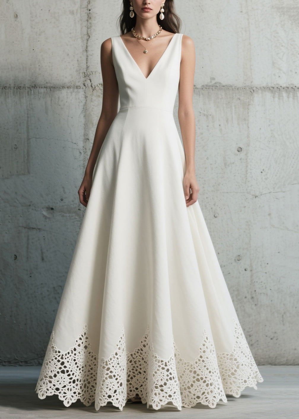 Silm Fit White Patchwork Lace Exra Large Hem Party Dress Summer