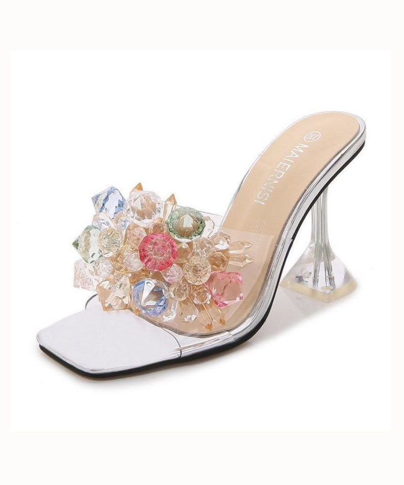 Silberne Hausschuhe mit Kristallspleißung und transparentem High Heel