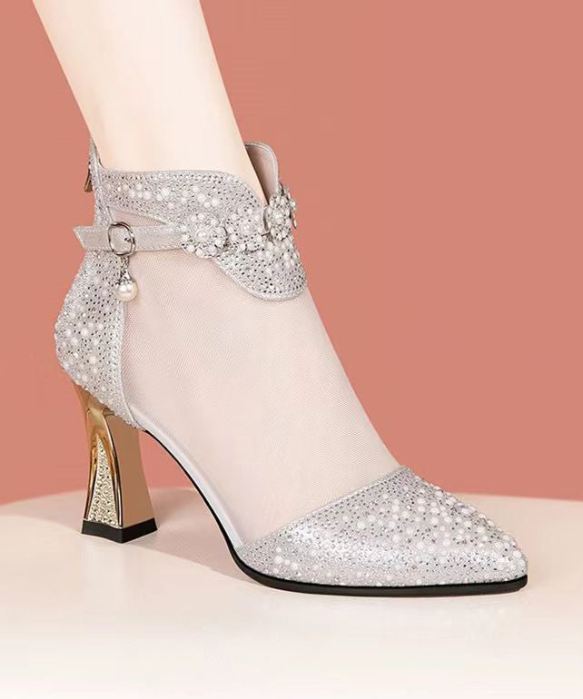 Silberne High Heel Tüllstiefel New Water Diamond Spitzkopf