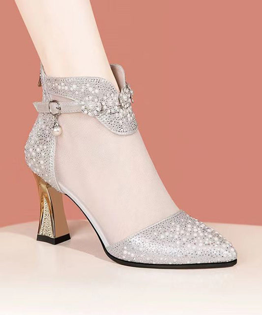 Silberne High Heel Tüllstiefel New Water Diamond Spitzkopf