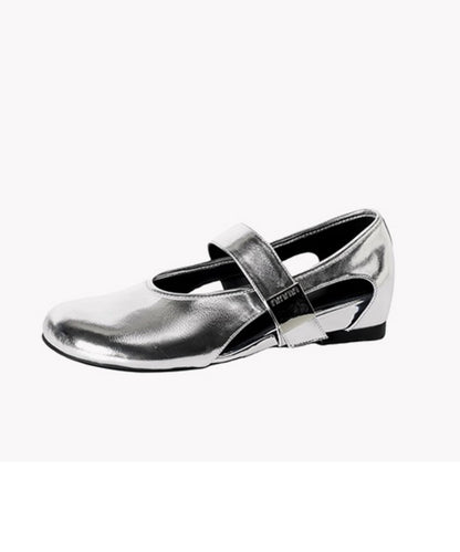 Silver Wedge Shoes Cowhide Leather Retro Splicing Buckle Strap