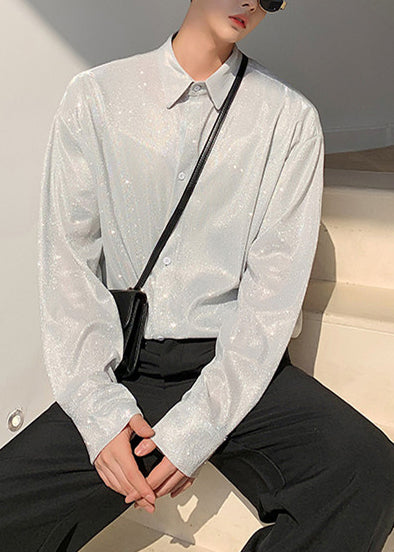 Silvery Loose Men's Workwear Shirts Sequins Fall
