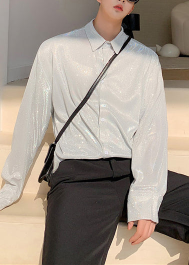 Silvery Loose Men's Workwear Shirts Sequins Fall
