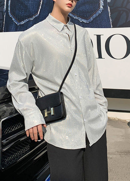 Silvery Loose Men's Workwear Shirts Sequins Fall