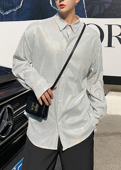 Silvery Loose Men's Workwear Shirts Sequins Fall