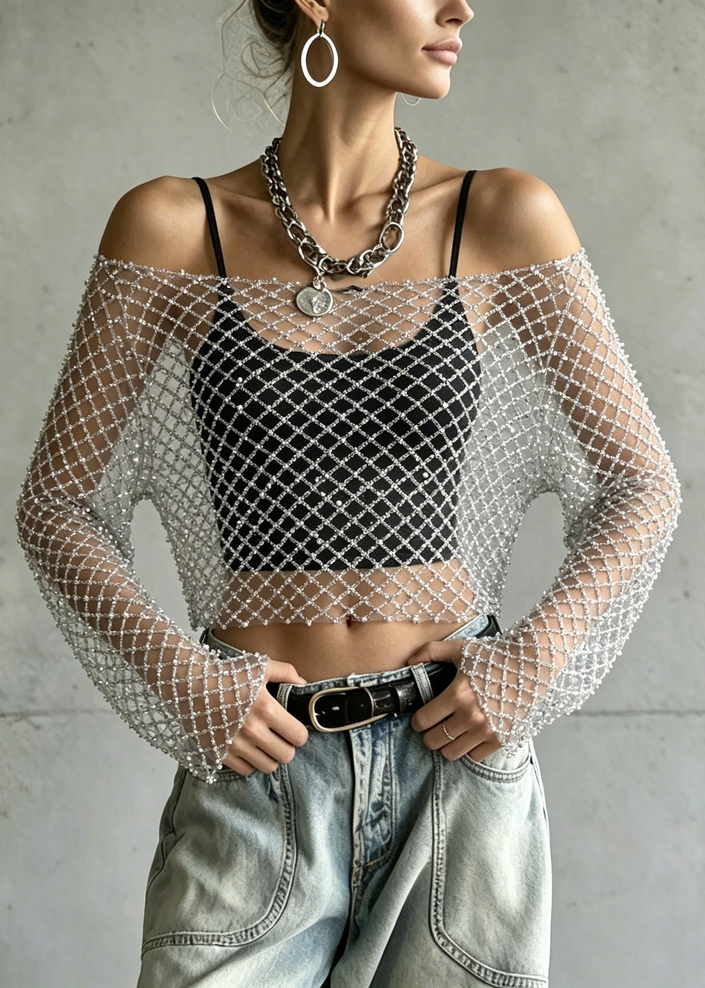 Silvery Sheer Tulle Short Tops Nail Bead Summer