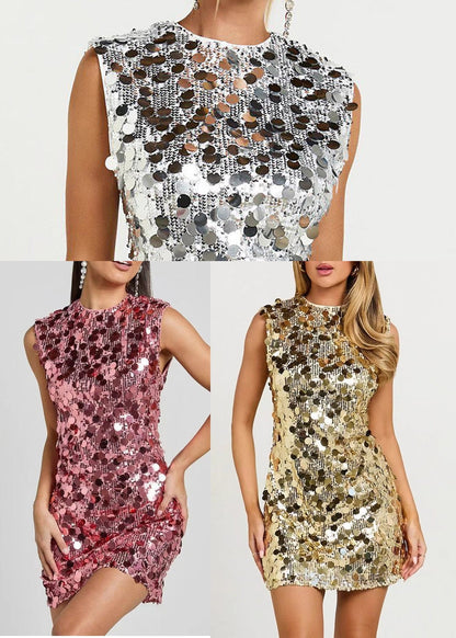 Silvery Silm Fit Tea Dress Sequins Wraped Sleeveless