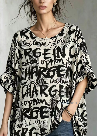 Simple Alphabet Print O-Neck Mid-Length Blouse Tops Summer