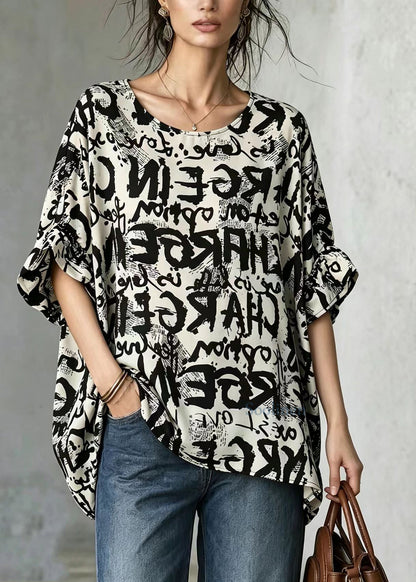 Simple Alphabet Print O-Neck Mid-Length Blouse Tops Summer