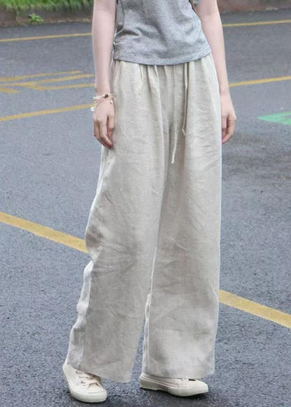 Simple Apricot Elastic Waist Linen Straight Pants Fall