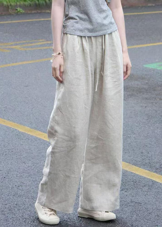 Simple Apricot Elastic Waist Linen Straight Pants Fall