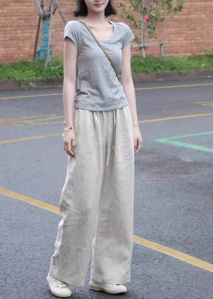 Simple Apricot Elastic Waist Linen Straight Pants Fall