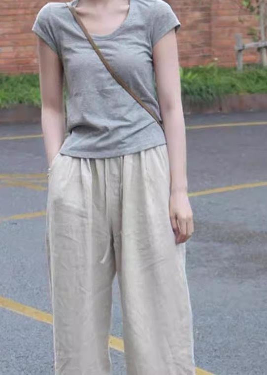 Simple Apricot Elastic Waist Linen Straight Pants Fall