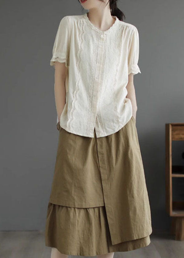 Camisa de algodón con patchwork y encaje de cuello redondo color albaricoque sencillo para verano