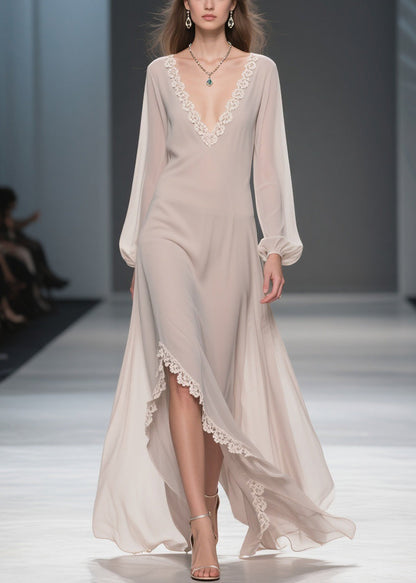 Simple Apricot V Neck Lace Side Open Chiffon Long Dresses Spring