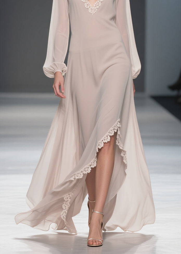 Simple Apricot V Neck Lace Side Open Chiffon Long Dresses Spring