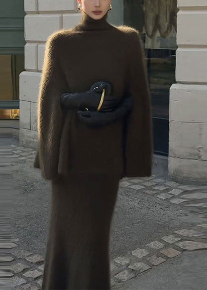 Simple Army Green Turtleneck Knit Sweater And Skirts Two Pieces Set Cloak Sleeves