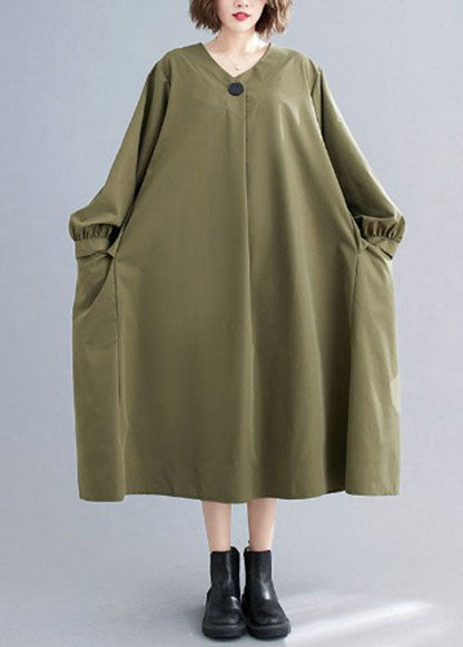 Einfache Armee Grün V-Ausschnitt Patchwork Baumwolle Kleider Frühling