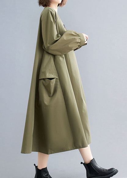 Einfache Armee Grün V-Ausschnitt Patchwork Baumwolle Kleider Frühling