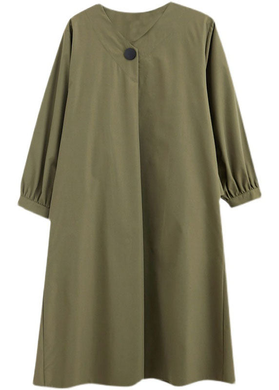 Einfache Armee Grün V-Ausschnitt Patchwork Baumwolle Kleider Frühling