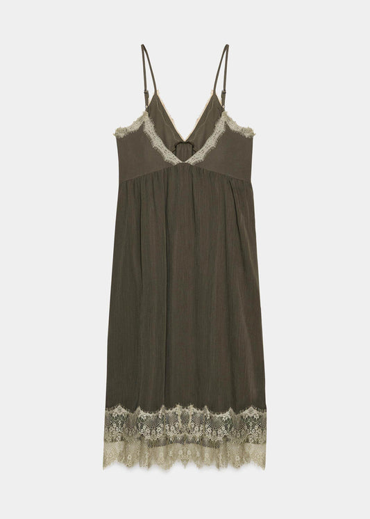 Simple Army Green V Neck Patchwork Lace Spaghetti Strap Dress Summer