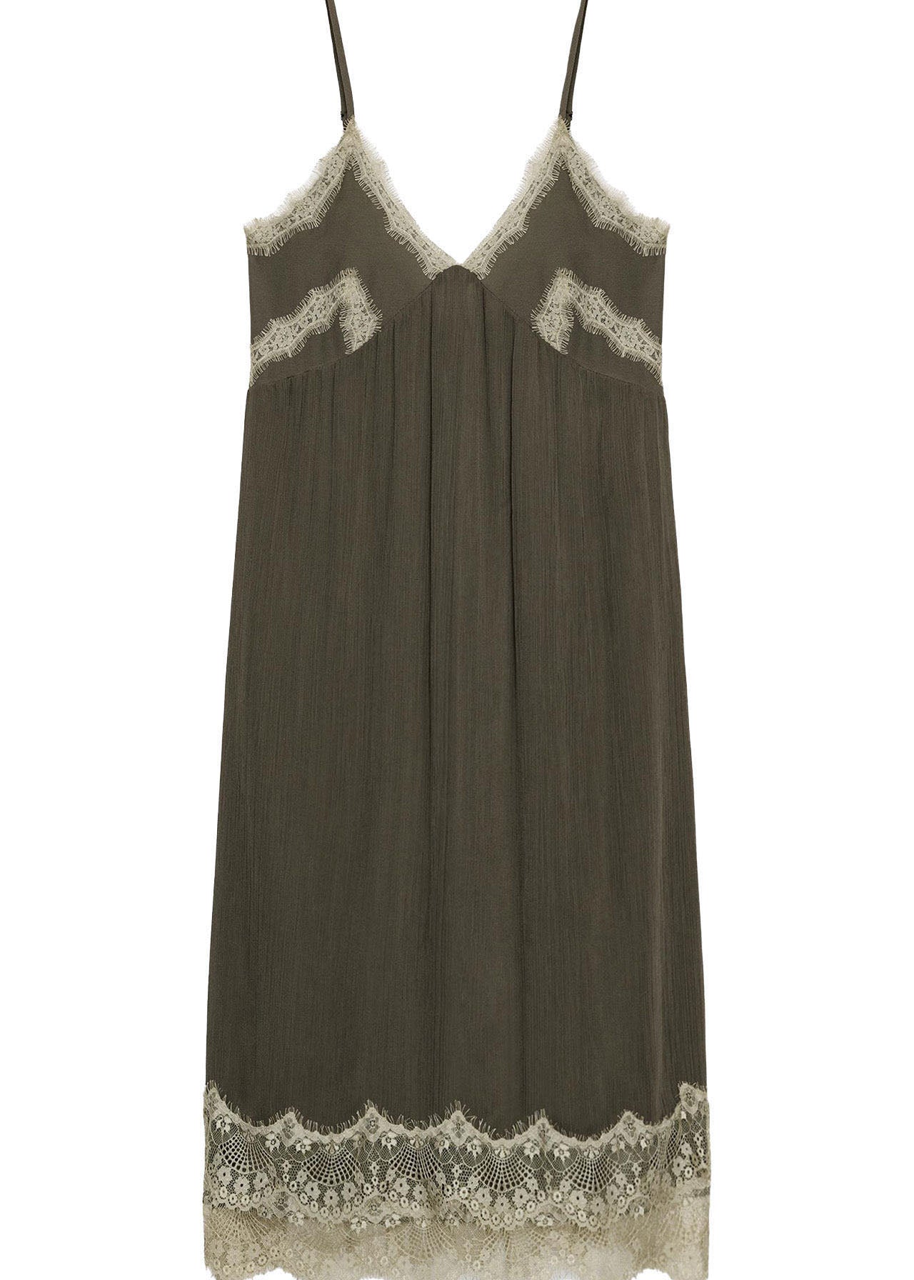 Simple Army Green V Neck Patchwork Lace Spaghetti Strap Dress Summer