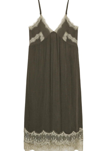 Simple Army Green V Neck Patchwork Lace Spaghetti Strap Dress Summer