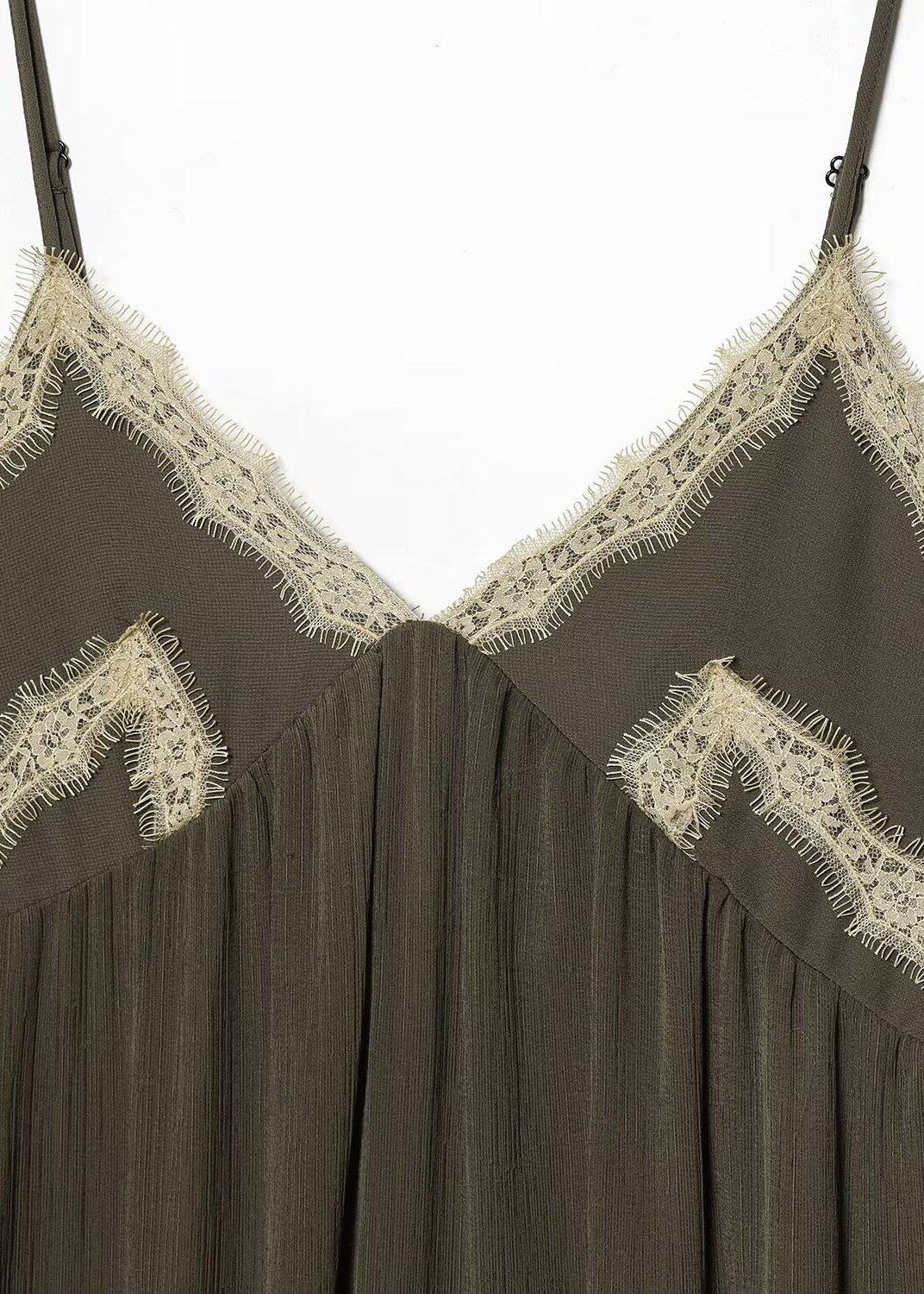 Simple Army Green V Neck Patchwork Lace Spaghetti Strap Dress Summer