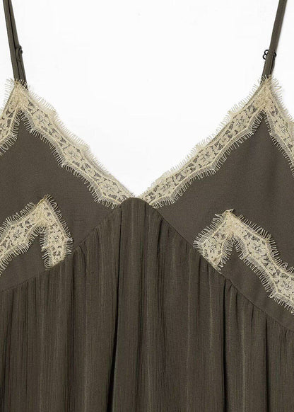 Simple Army Green V Neck Patchwork Lace Spaghetti Strap Dress Summer
