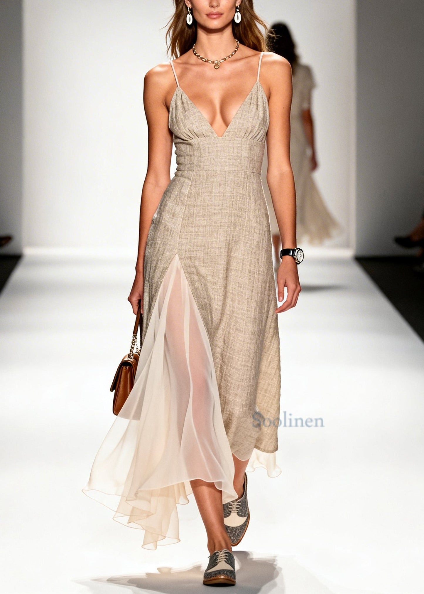 Simple Beige Asymmetrical Patchwork Linen Mini Dress Summer