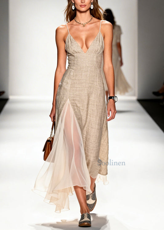 Simple Beige Asymmetrical Patchwork Linen Mini Dress Summer