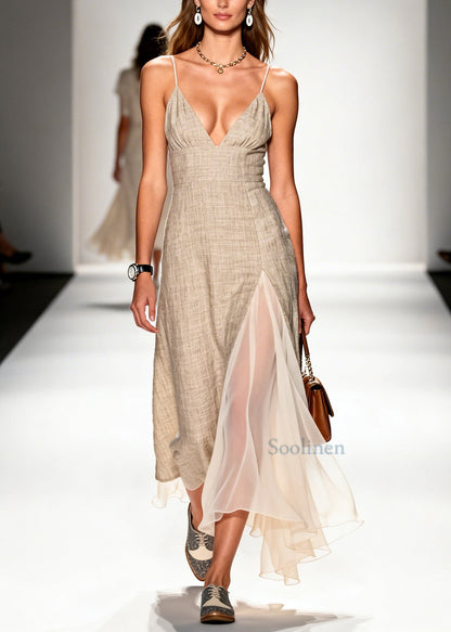 Simple Beige Asymmetrical Patchwork Linen Mini Dress Summer