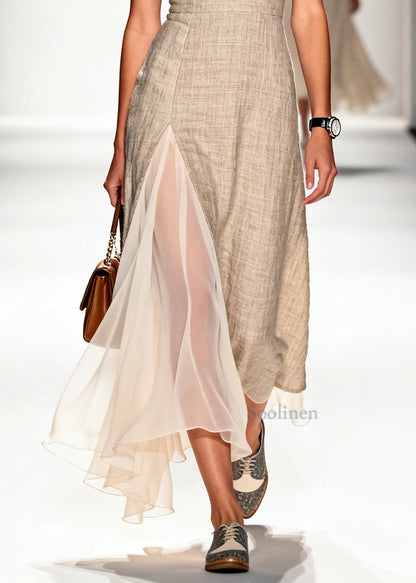 Simple Beige Asymmetrical Patchwork Linen Mini Dress Summer
