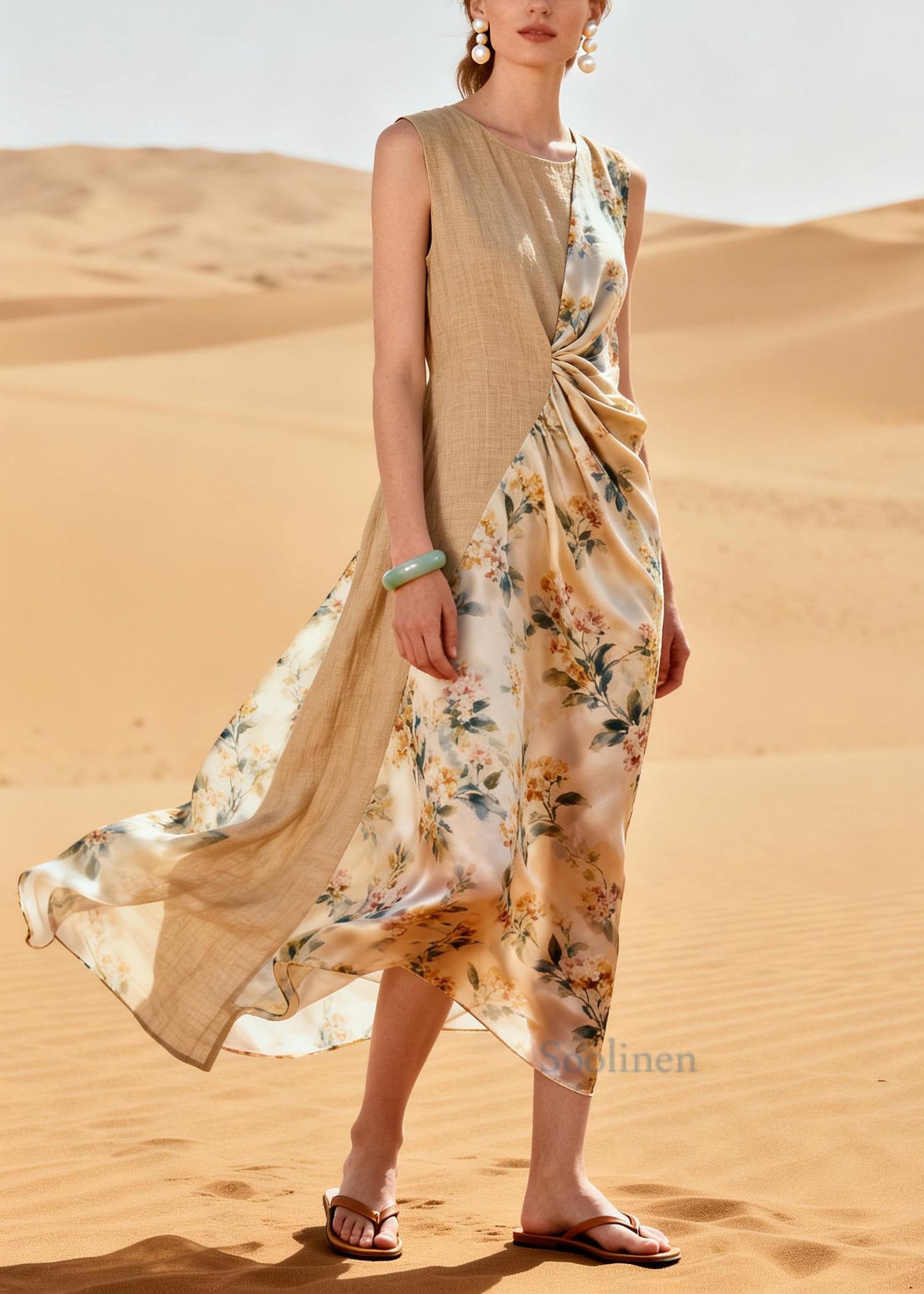 Simple Beige Asymmetrical Patchwork Linen Silk Dresses Summer
