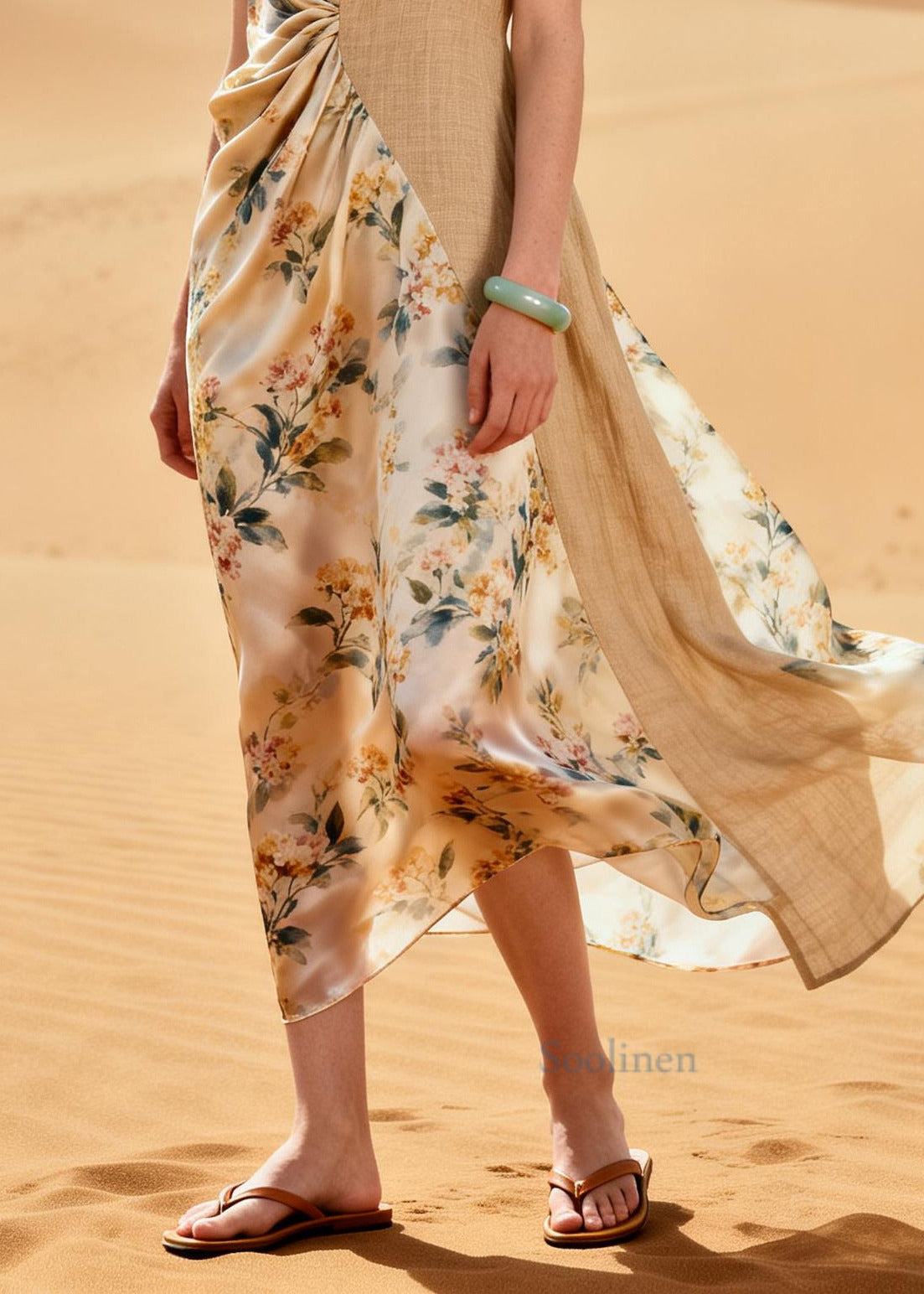 Simple Beige Asymmetrical Patchwork Linen Silk Dresses Summer