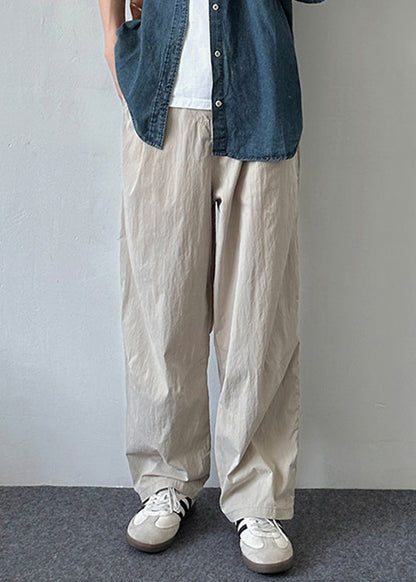 Simple Beige Button Pockets Solid Cotton Men Pants Summer