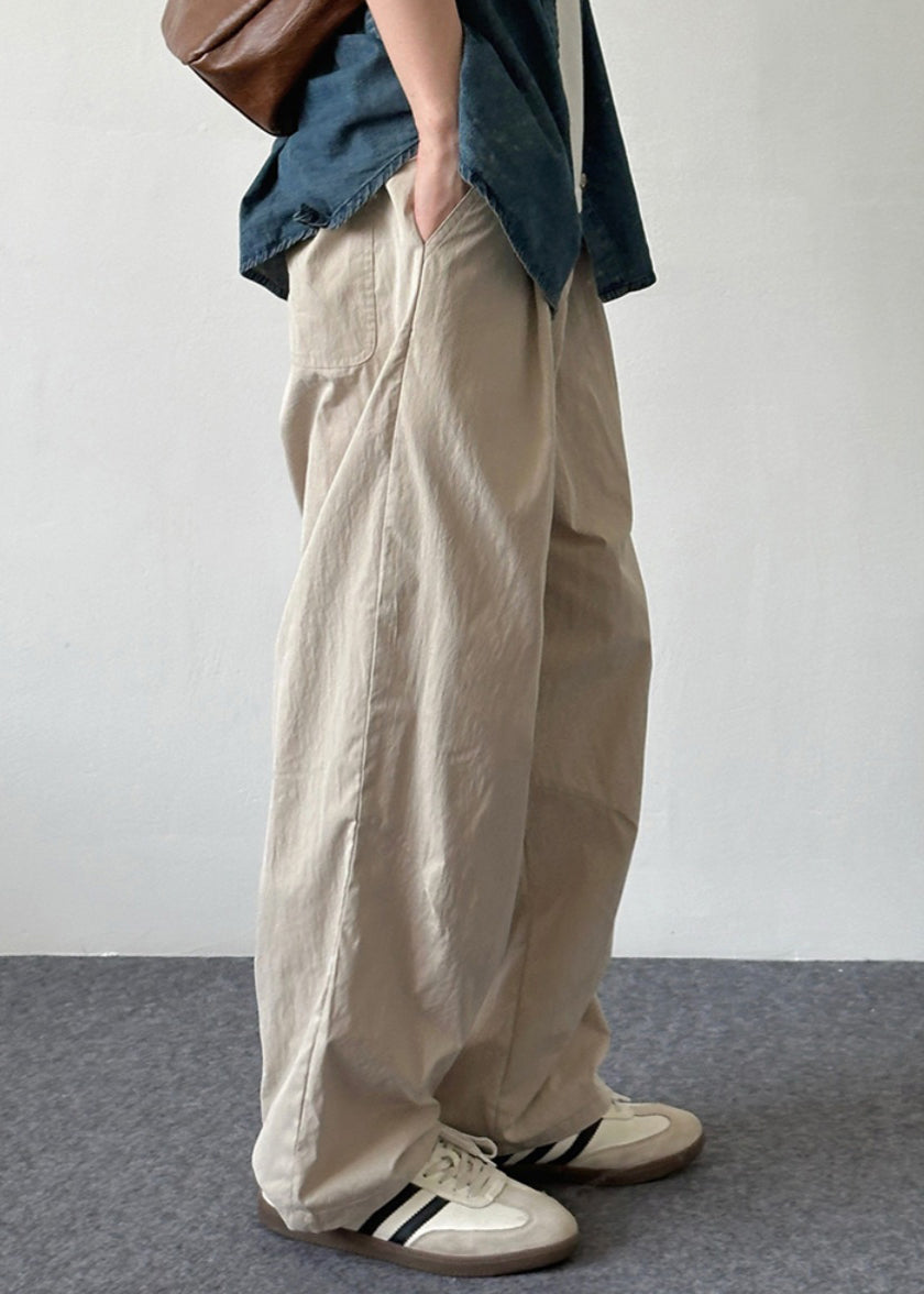 Simple Beige Button Pockets Solid Cotton Men Pants Summer